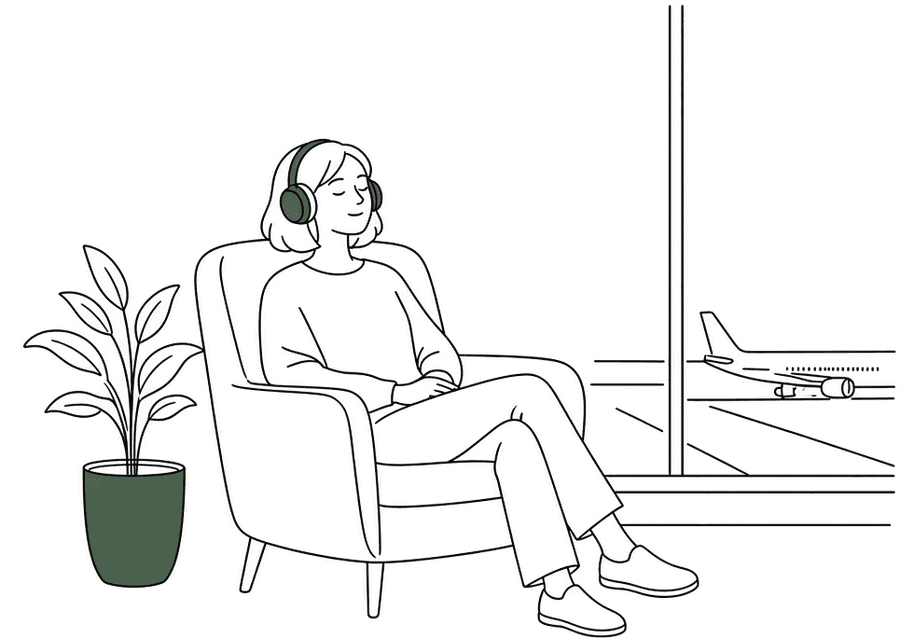 Une voyageuse se repose dans un fauteuil, casque sur les oreilles, près d'une baie vitrée.